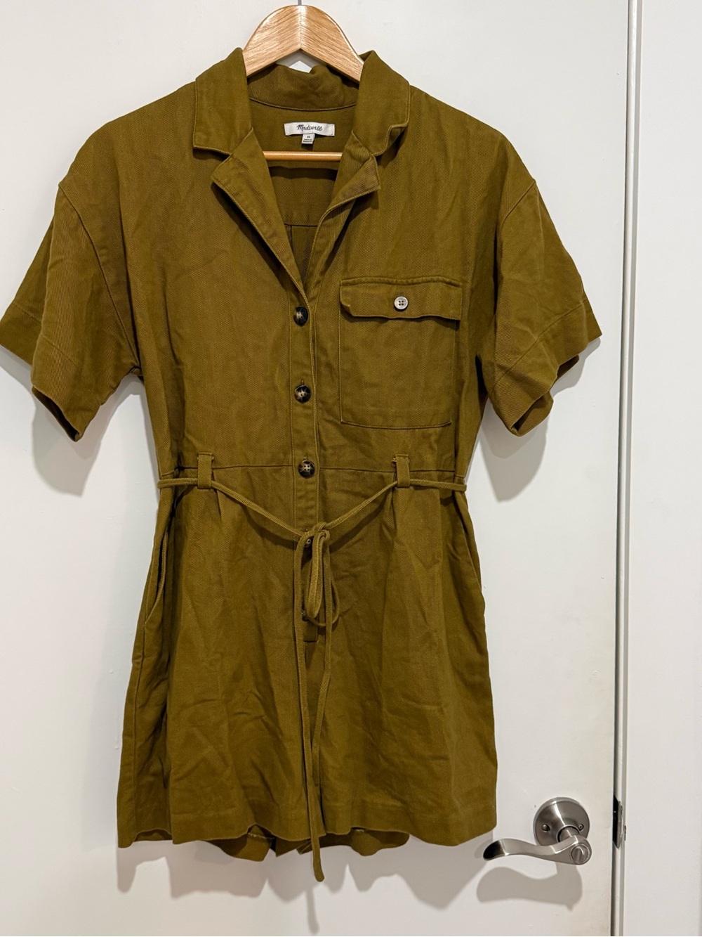 Madewell Short Sleeve Belted Utility Romper XS Olive Green Tencel Cotton